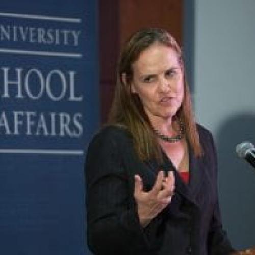 Michele Flournoy at speaker podiu,